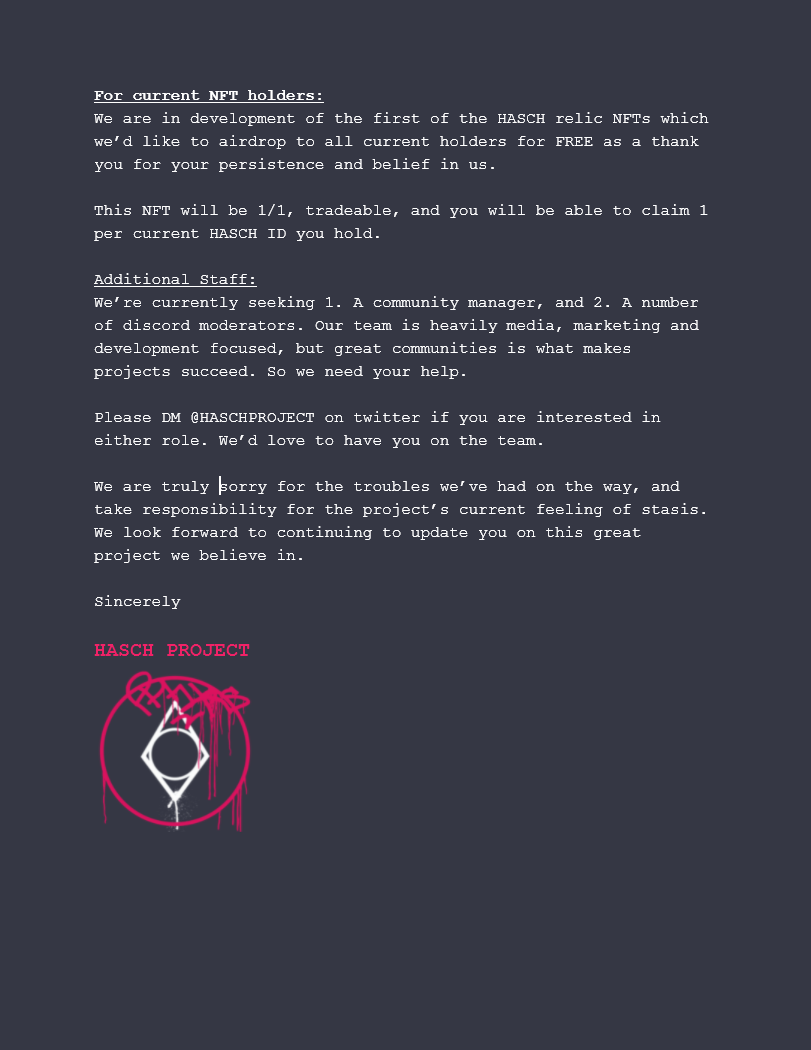 HASCHPROJECT's tweet photo. ⭕️ UPDATE. ⭕️ 
TLDR: 
- This is not a rug. We are not done here. 
- We had a hiccup. We're working to fix it.  We're sorry.
- Free NFT for all holders in the works.
- We're excited for the future.

The game must go on. 👁️ https://t.co/dYC3uHO5a1