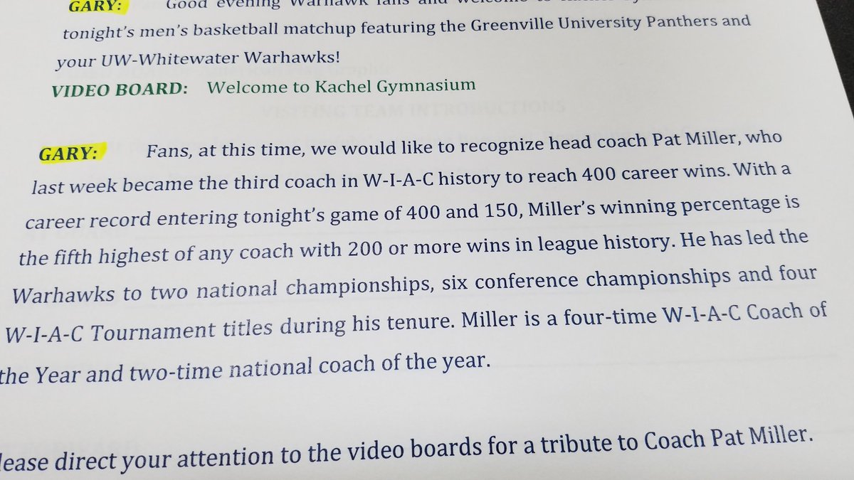 RadioGaro's tweet photo. Tonight UWW recognizes head  Coach Pat Miller on reaching 400 wins. I was honored to be along for over 300 of those. Congrats Pat. #uwwmenshoops https://t.co/sbi6QdLrUt