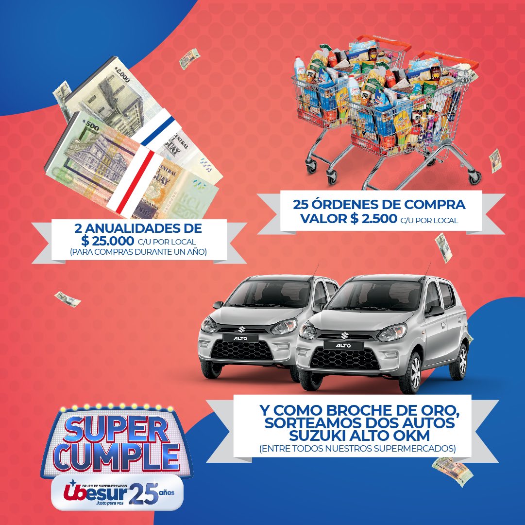 Tremendos sorteos por nuestros 25 años:
🔥Órdenes de compra
🔥Bonos para comprar por un año
🔥2 OKM
¡Participá en los Supermercados Ubesur! 27 ganadores por local. Consultá bases en web. #promoción #sorteosuruguay #premios #ubesur #supermercadosuruguayos #aniversario #25años