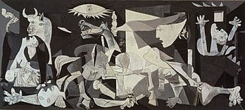VEEPCA's tweet photo. #Picasso painted #Guernica in #Paris in response to the bombs dropped on a rural #BasqueCountry town in #Spain by #Fascist Italy/#Germany at the request of #SpanishNationalists. Shown @ the 1937 #ParisInternationalExposition, & around the world to raise funds 4 #Spanishwar relief https://t.co/UcWp0pzVTA