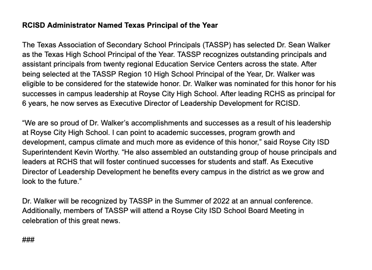 RCISD's Dr. Sean Walker named Texas Principal of the Year by <a href="/TASSP1/">TASSP</a>! After a nomination and interview proess, TASSP made this awesome announcement this week! #RCISDJoy