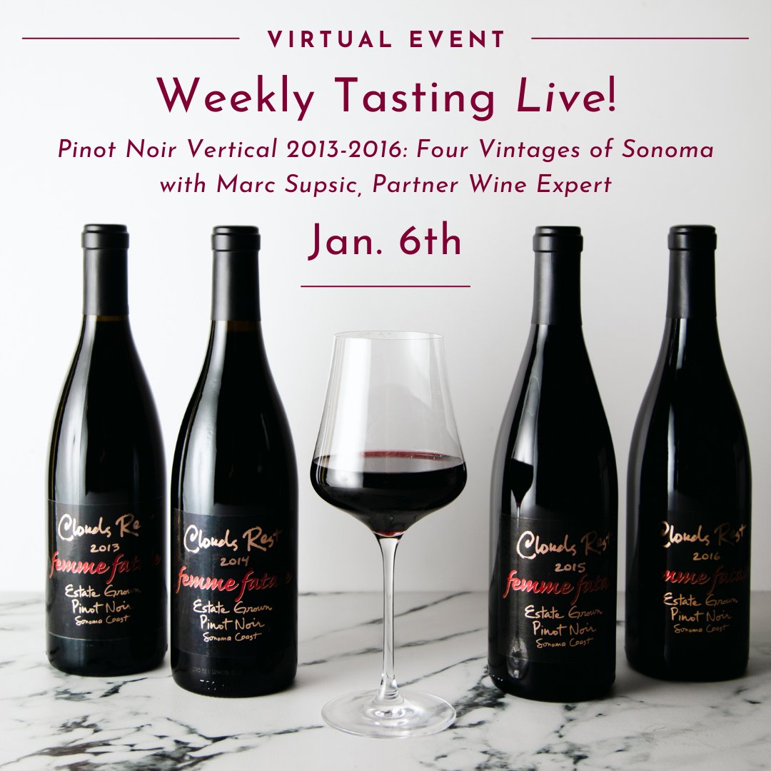 Weekly_Tasting's tweet photo. Our #WeeklyTasting series is going LIVE! Join us with our partner wine expert, Marc Supsic, for a Pinot Noir Vertical event on Thursday, Jan. 6 → https://t.co/ygcR7hDhEe

At this #virtualwinetasting, we'll be sipping four vintages from the Sonoma Coast, made by @CloudsRest. 🍷 https://t.co/OCq60Ik4nF