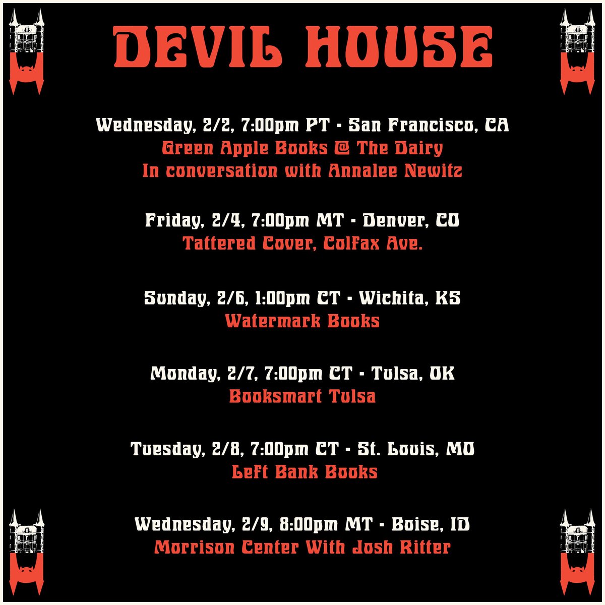 mcdbooks's tweet photo. 🦇Announcing the DEVIL HOUSE book tour! @mountain_goats singer-songwriter, John Darnielle will be appearing virtually and in-person at #DevilHouse events, starting with the book’s launch event on 1/24.
RSVP with your local bookstores here: https://t.co/MT2EScs4jj https://t.co/VLkF0nVKdt