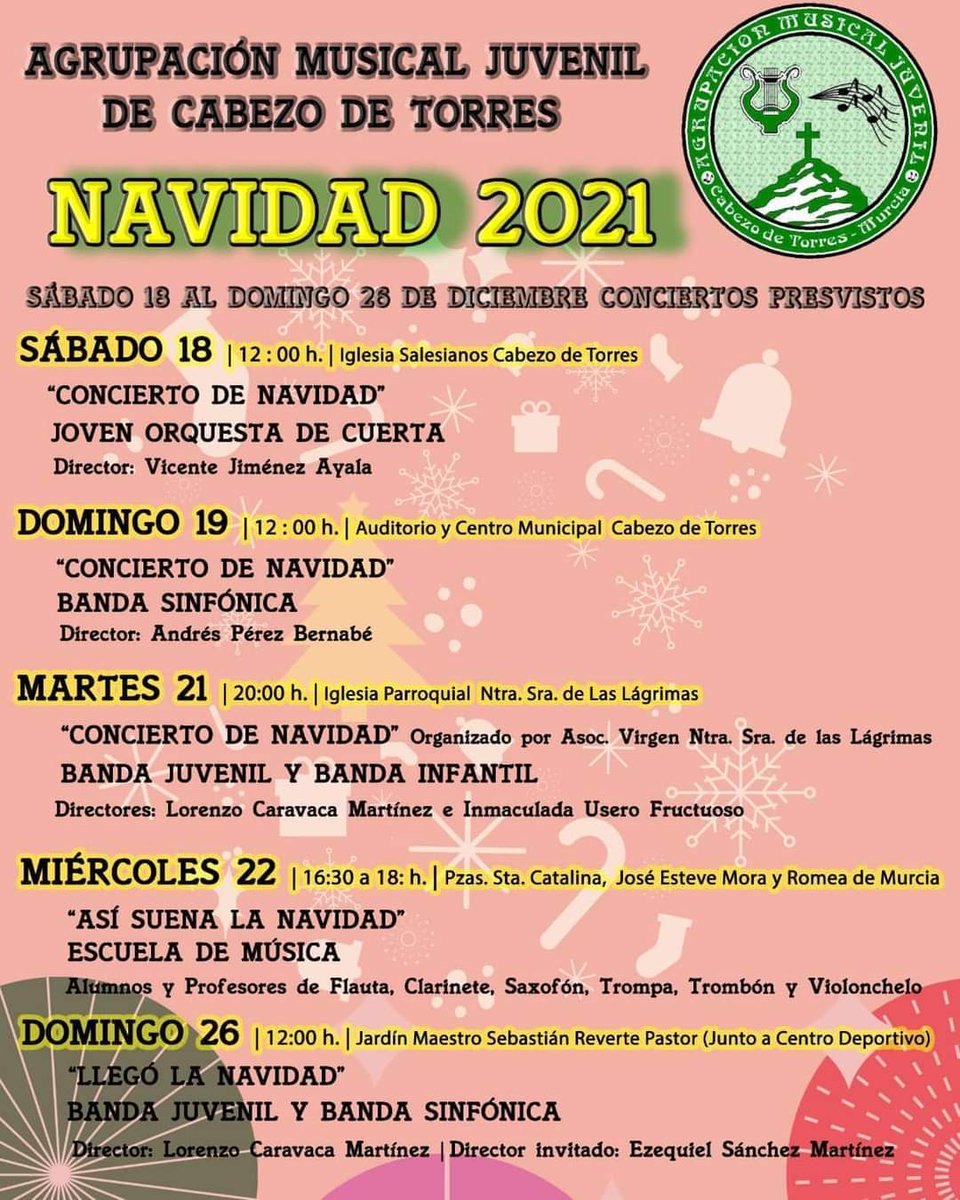 AMCT_OFICIAL's tweet photo. AGRUPACIÓN MUSICAL |
Vaya mes de diciembre nos espera en la familia #AMJCT. Os dejamos un resumen de los conciertos que vamos a ofrecer. Tanto la Banda Infantil, Banda Juvenil, Banda Sinfónica y nuestra maravillosa Orquesta de Cuerda, están deseando de veros a todos en el público https://t.co/52bWcvIObJ