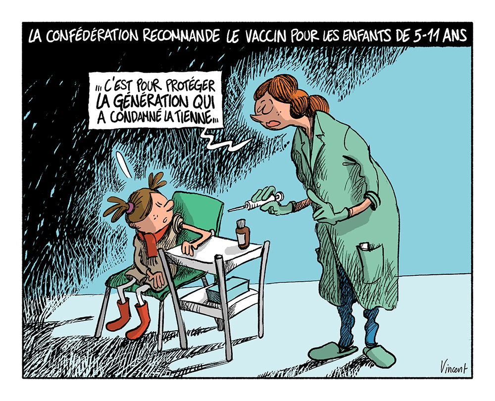 lecourrier's tweet photo. La Confédération recommande le vaccin pour les enfants de 5-11 ans. #Covid19 #Vaccin #LeDessindeVincent https://t.co/VUmKbIKW5I