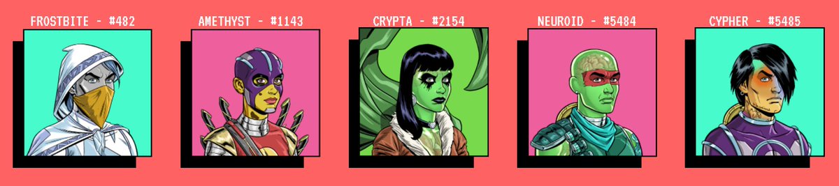 Meta_Degens's tweet photo. We're excited to announce the launch of #MetaDegens, the next generation of comic book characters, movie stars and more. 

The MetaDegen team includes Frostbite (#482), Amethyst (#1143), Crypta (#2154), Neuroid (#5485) and Cypher (#5485). https://t.co/bQlzy9pleL