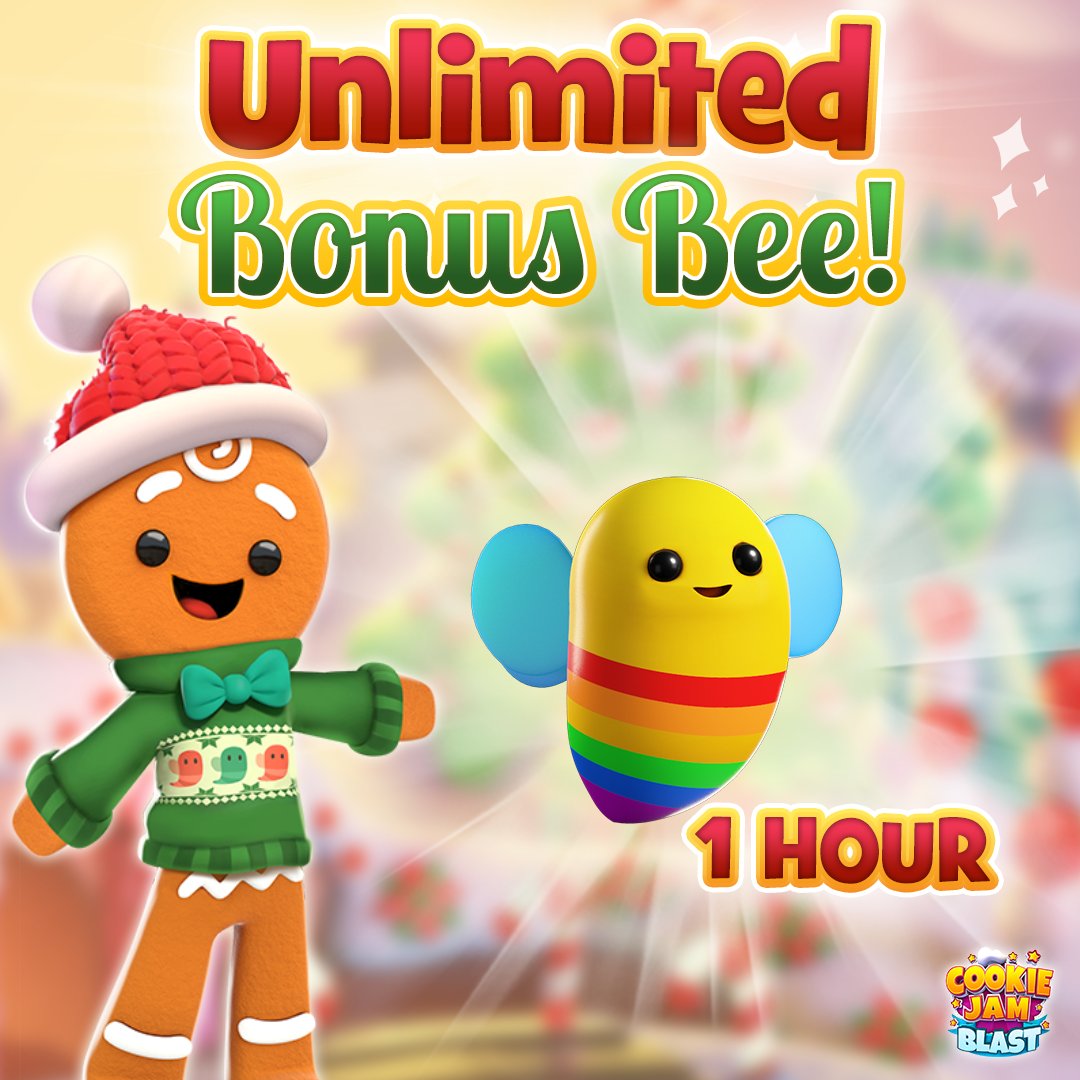 cookiejamblast's tweet photo. 🎄We're Kicking off 12 Days of Christmas with...🎄
With Unlimited Bonus Bees for 1 hour! 
Hurry! It's only here for 24 hrs
&amp; Come back tomorrow to find unwrap your next gift!
#CookieJamBlast 🎁 https://t.co/FTZhsZkBFT