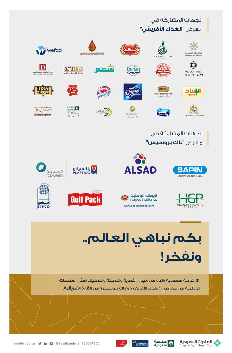 SaudiMade's tweet photo. "شركات سُعودية نُفاخر بمنتجاتها التي تُمثّل جودة المنتج الوطني"، يشارك في جناح "صناعة سعودية" 31 شركة وطنية في قطاعي الصناعات الغذائية والتعبئة والتغليف في العاصمة المصرية القاهرة في معرضيّ #FoodAfrica و #PacProcess. https://t.co/ipaNqlcdLI