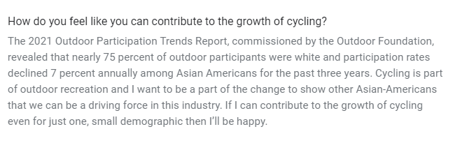_amanda_panda_'s tweet photo. I've seen some grumblings about diversity with the @LTGrandPrix selections. Below was one of my answers in the application. Evelyn Dong and I were both selected and from a #represtationmatters standpoint, I'm stoked for that win. https://t.co/xCWoiriSTk
