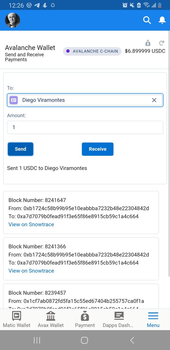 dapps_inc's tweet photo. Instant #USDC payments on @avalancheavax between @dappsuite and @CoinbaseWallet https://t.co/0vg3rlJK0J