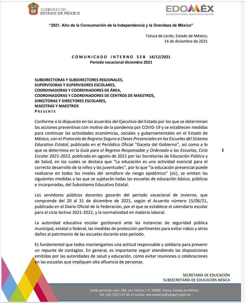 SEB_Edomex's tweet photo. Atención Maestras y Maestros. Se comparte Comunicado SEB 14/12/2021 Periodo vacacional diciembre 2021.
@geramonro05 
@TinocoGRogelio 
@ArturoH19772369 
@liliapatriciafj 
@ma_pureza 
@MiguelAngelTMtz 
@AnastasiaVega21 https://t.co/AG9LhYSO1a