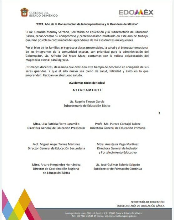 SEB_Edomex's tweet photo. Atención Maestras y Maestros. Se comparte Comunicado SEB 14/12/2021 Periodo vacacional diciembre 2021.
@geramonro05 
@TinocoGRogelio 
@ArturoH19772369 
@liliapatriciafj 
@ma_pureza 
@MiguelAngelTMtz 
@AnastasiaVega21 https://t.co/AG9LhYSO1a