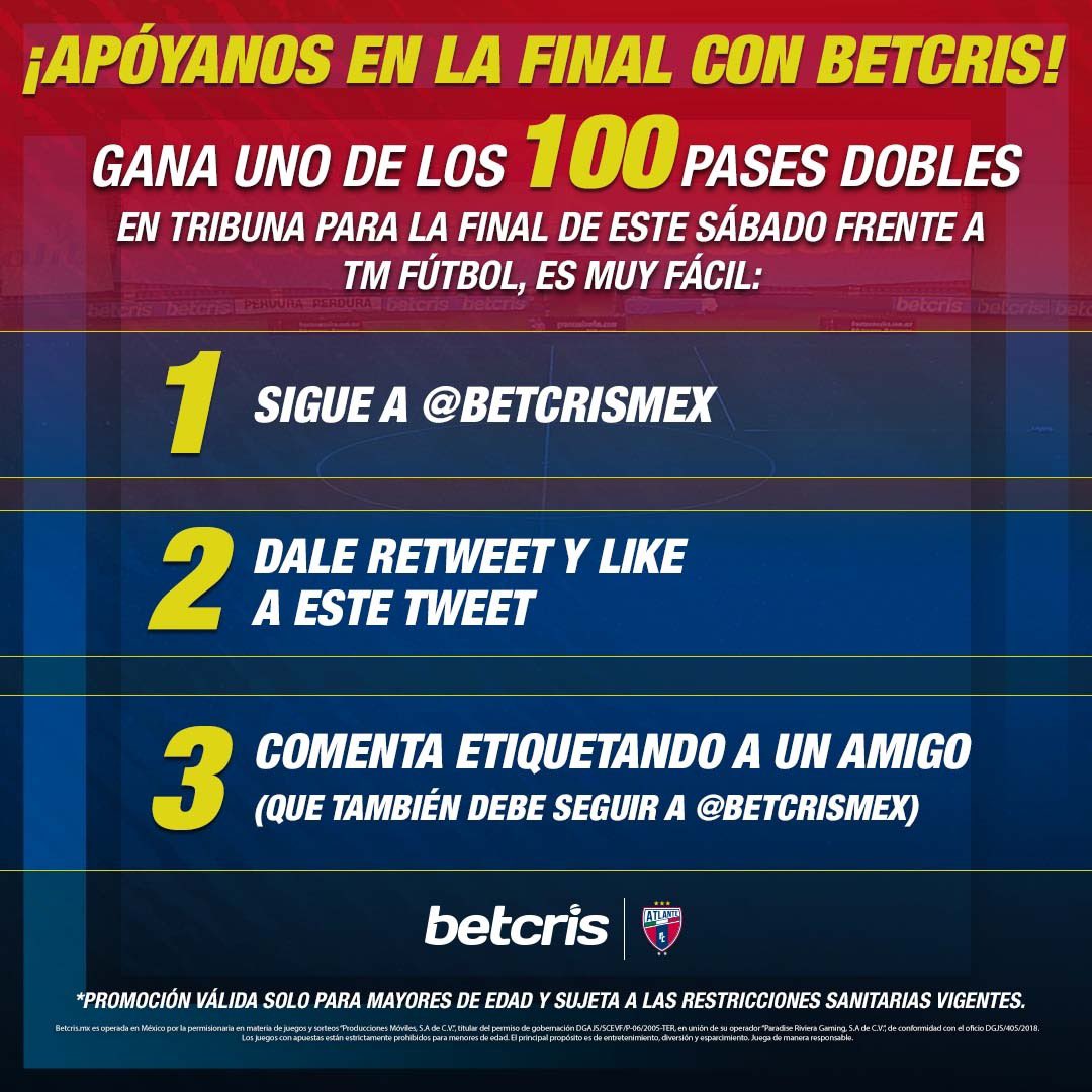¡Apóyanos en la final con Betcris! 🎟️

🏟Ganar uno de los 100 pases dobles en tribuna para la final de este sábado frente a la Jaiba Brava es muy fácil:

1⃣ Sigue a <a href="/betcrismex/">Betcris México</a> 
2⃣ Dale 🔁 y ❤️ a este tweet
3⃣ Responde etiquetando a un amigo (también debe seguir a <a href="/betcrismex/">Betcris México</a>)