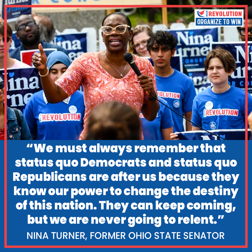 OurRevolution's tweet photo. "We must always remember that status quo Democrats &amp; status quo Republicans are after us because they know our power to change the destiny of this nation. They can keep coming, but we are never going to relent." - @ninaturner #TransformTheParty #OurRevolution https://t.co/dC3MWmpaZk
