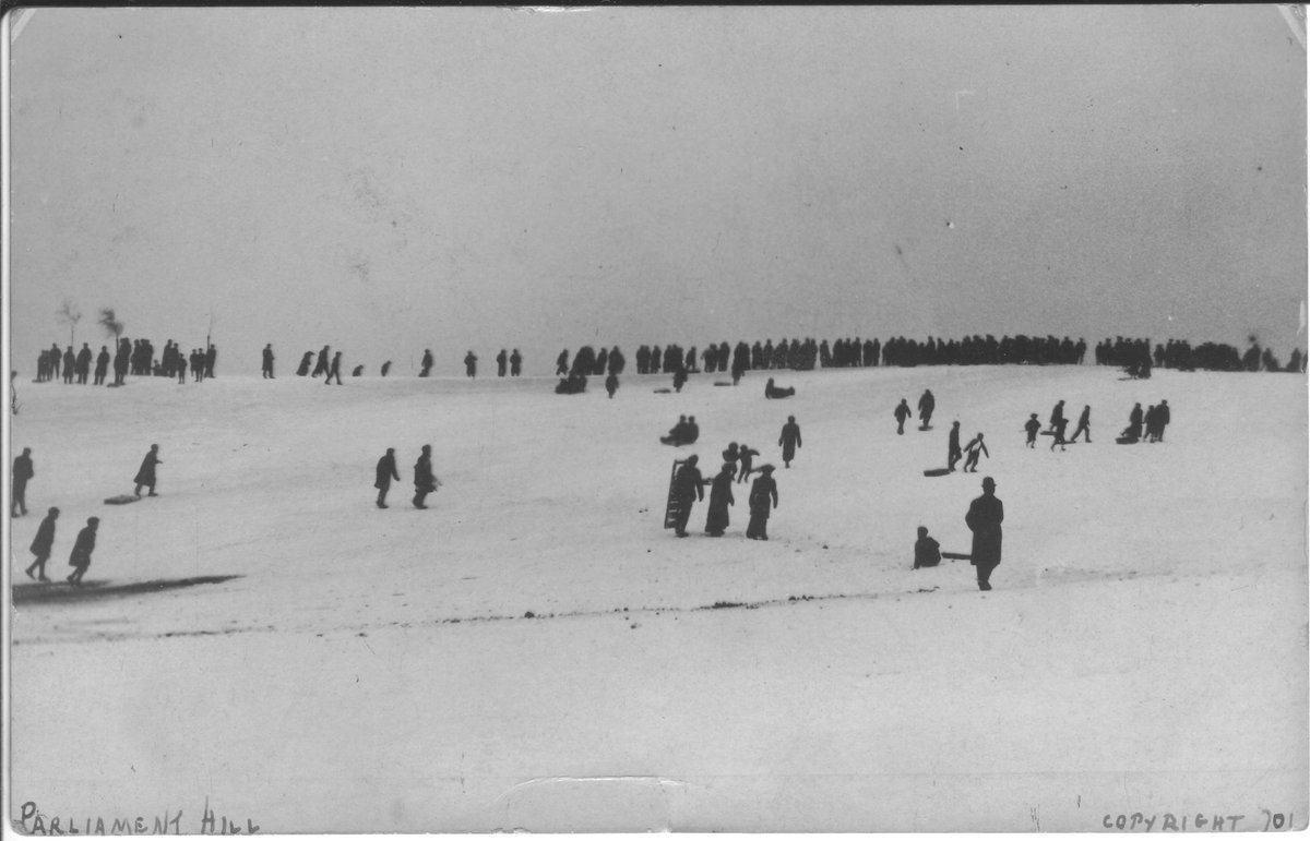 Can you believe this photo is of Parliament Hill taken on this day 115 years ago in 1906? Looks more like the artic circle but the hardy Edwardians are out in force for some sledging fun!