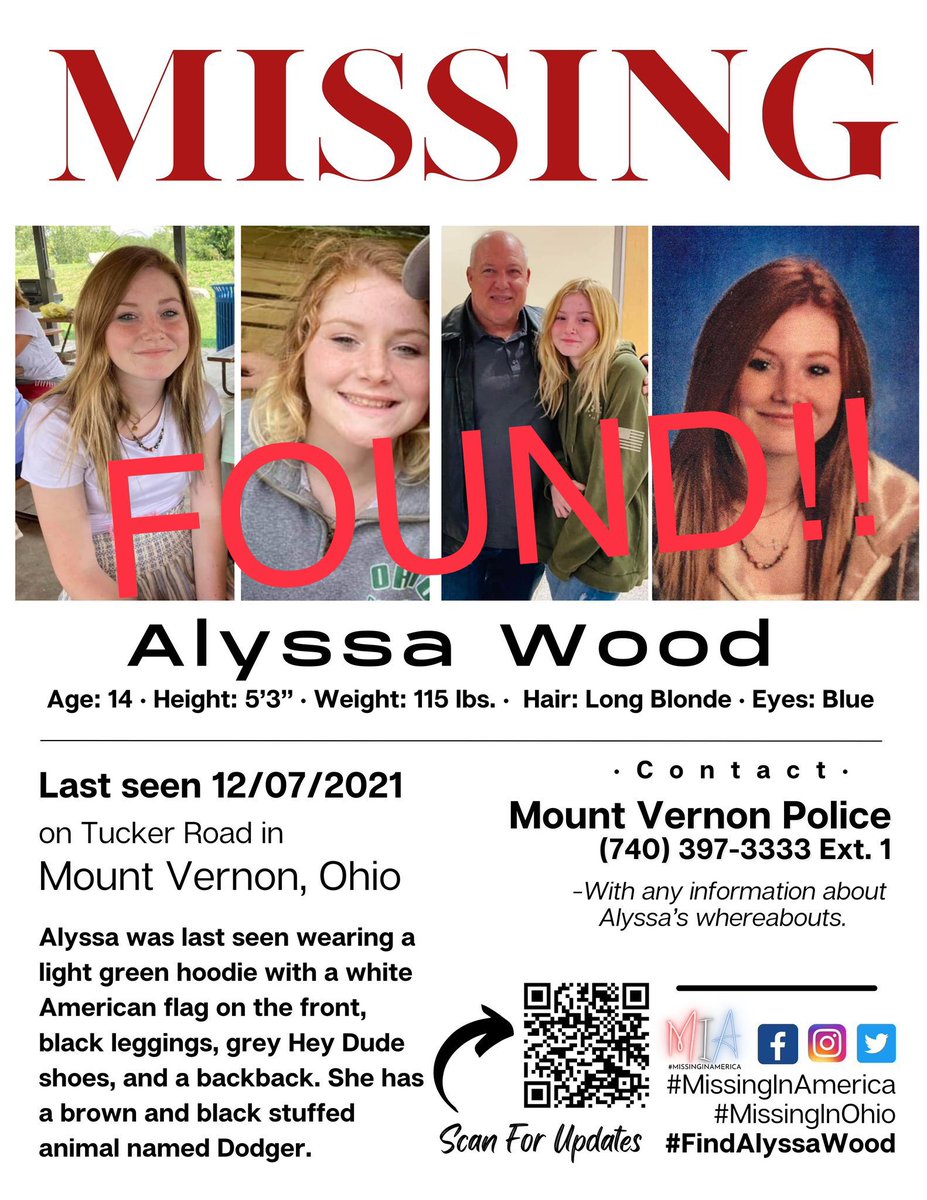 itsnoelle17's tweet photo. So very pleased to share #AlyssaWood has been #found SAFE &amp; an adult male is also in custody! #MountVernon @901Lulu @DStorm0161 @missesmysteries @2thecurve @Digger0323 @Moms4Missing @DxTheMystery @MissingNAmerica https://t.co/Fwzhm0Xdmb