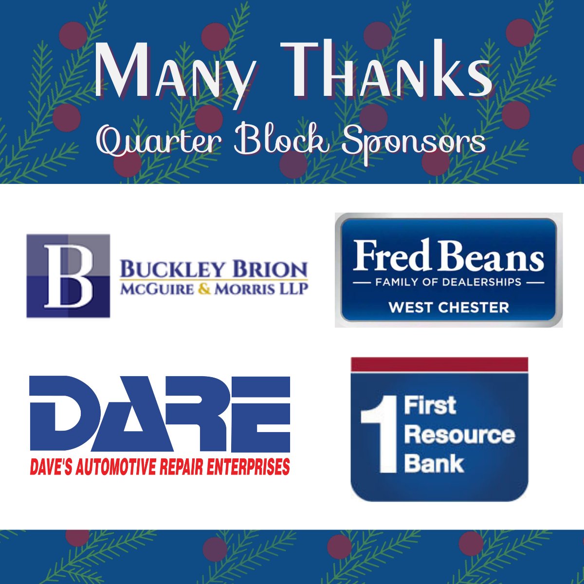GWCC_PA's tweet photo. The #GWCC would like to thank the following Quarter Block Sponsors of Chester County Hospital (@cchosp) Lights Up #HolidayWeekendsinWestChester:
🎄@BuckleyBrionLaw
🎄@FredBeansauto
🎄@Dareauto
🎄First Resource Bank
Thank you for making spirits bright in #chesco! https://t.co/3aOHRQ3Gsg