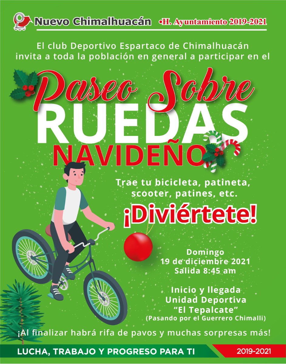 El Proyecto Nuevo Chimalhuacán te invita a participar en el Paseo Sobre Ruedas Navideño este domingo 19 de diciembre, la salida será a las 8:45 a.m. partiendo desde la Unidad Deportiva "El Tepalcate".