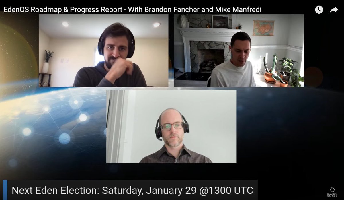 Next <a href="/RealEdenOS/">RealEdenOS</a> <a href="/EdenOnEOS/">EdenOnEOS</a>  election:
Jan 29 @ 1300UTC

Discussed here:
youtube.com/watch?v=TvJtVD…