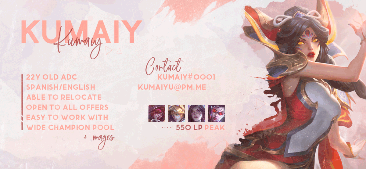 Kxmaiy's tweet photo. Hello! 🇪🇸 Spanish ADC currently looking for a team. DM's are open.

RT's and likes highly appreciated  ❤️ https://t.co/8hrkNnXKkB