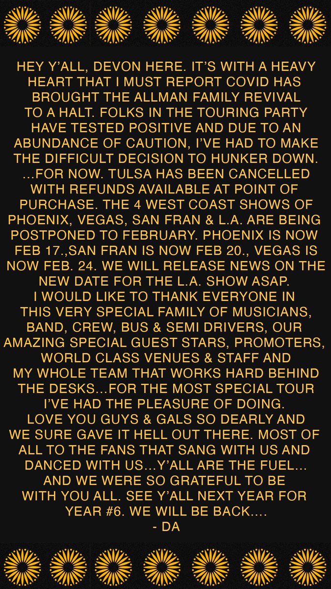 allmanbettsband's tweet photo. An update on Allman Family Revival tour from Devon. Macon, Georgia on New Year’s Eve is still on and VIP’s honored at new dates. Tulsa VIP refunded ASAP.  -Team ABB https://t.co/Mux9t3mNTY