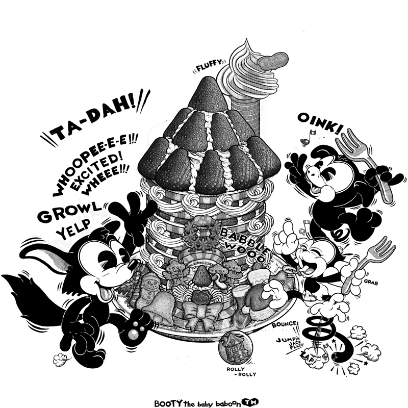 Booty The Baby Baboon 赤ちゃん の ブーティ ベベと ファーと おやつ お菓子の家 ケーキ イチゴ たっぷり 早く食べよ ヤミィヤミィウィ イラスト 絵 Illust Illustration オリジナルキャラクター デザイン