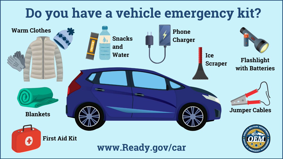 OregonOEM's tweet photo. Are you #WeatherReady for winter driving? Use https://t.co/yqkVafZznH for road conditions. Keep a winter emergency kit in your vehicle with jumper cables, flashlight, ice scraper, phone charger, warm clothes, first aid kit, water and snacks. https://t.co/E6RoYIGtRe has more tips. https://t.co/42HHhG3FR9