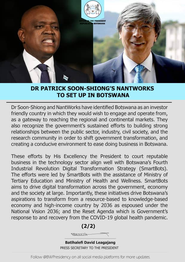 Today, Botswana and <a href="/NantWorks/">NANTWORKS</a> signed a historic Memorandum of Understanding
#AdvancingTogether 
#ResetBW 
#GoMasisi🇧🇼