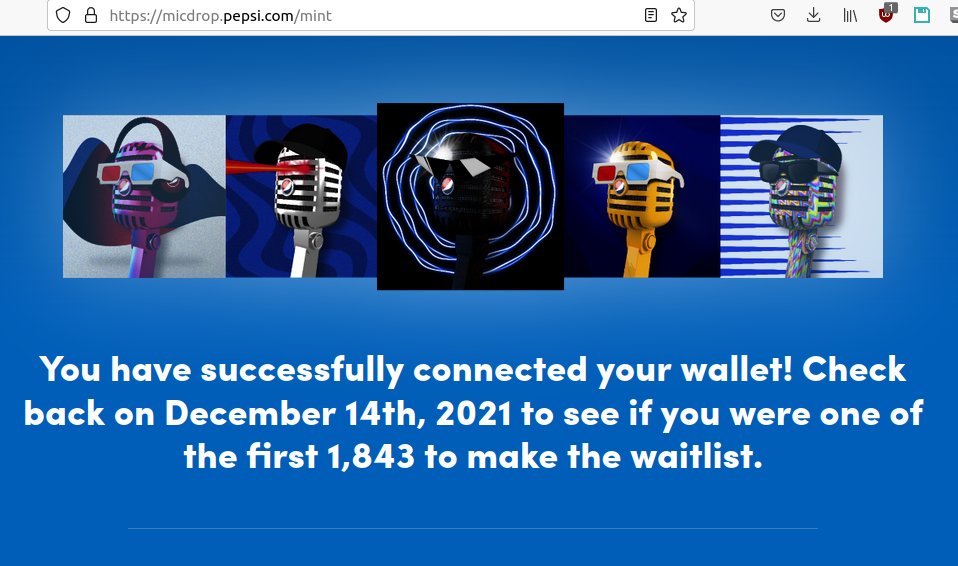 NFTs_GamblEr's tweet photo. @pepsi I used the link you showed and connected the wallet about a second after the announcement on twitter on 12\10. This is what I see now when I go to. The same thing I saw on 12\10. Can share a screenshot with a date if necessary
https://t.co/QpPvGyQb58 https://t.co/IQuXe7SiV8