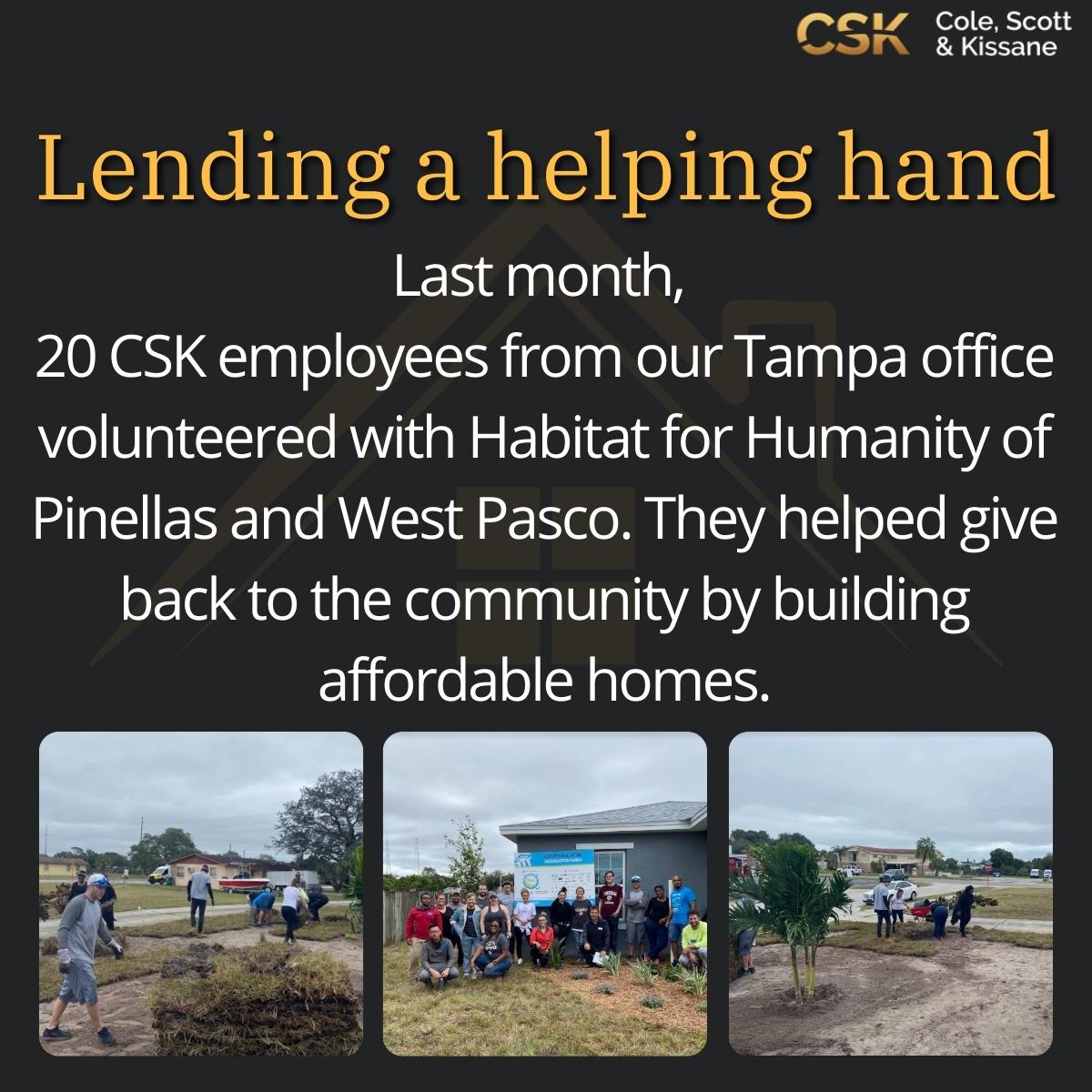 CSKLegal's tweet photo. Last month, 20 CSK employees from our Tampa office volunteered with @Habitat_org of Pinellas and West Pasco. They helped give back to the community by building affordable homes. CSK cares about our community.
#CSKCares #LargestFloridaLawFirm https://t.co/YjIJqIAVfV