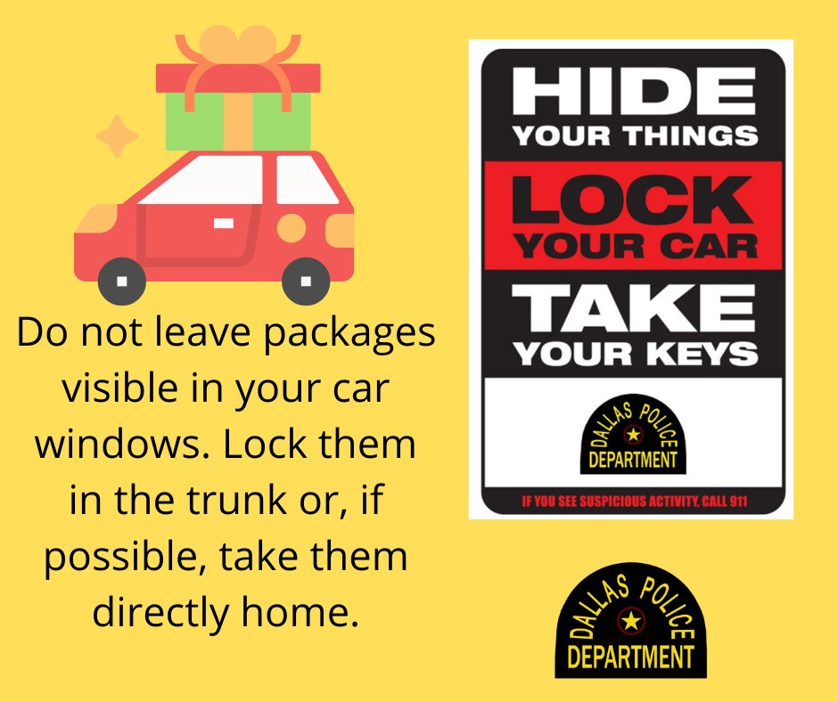 DallasPD's tweet photo. HIDE your belonging, LOCK your car, and TAKE your keys. #HideLockTake #HolidaySafety https://t.co/UUENsfjwKY