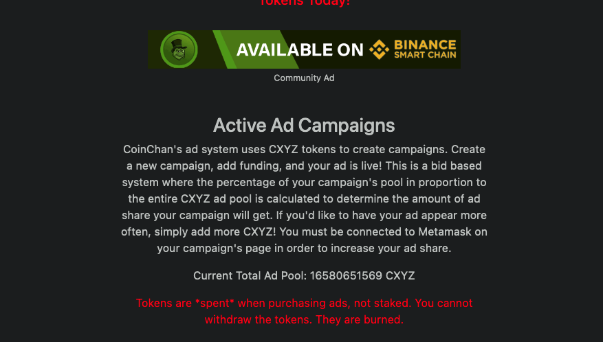 CoinChanTeam's tweet photo. https://t.co/jUK6oGoE20 is a crypto imageboard with boards for popular L1 chains to discuss microcap gems. Coinchan has its own token - CXYZ, that are used to buy ad space in a unique bidding system. CXYZ tokens are burned after ad purchase - now at over 6% total supply burned! https://t.co/jD3lOntmMK