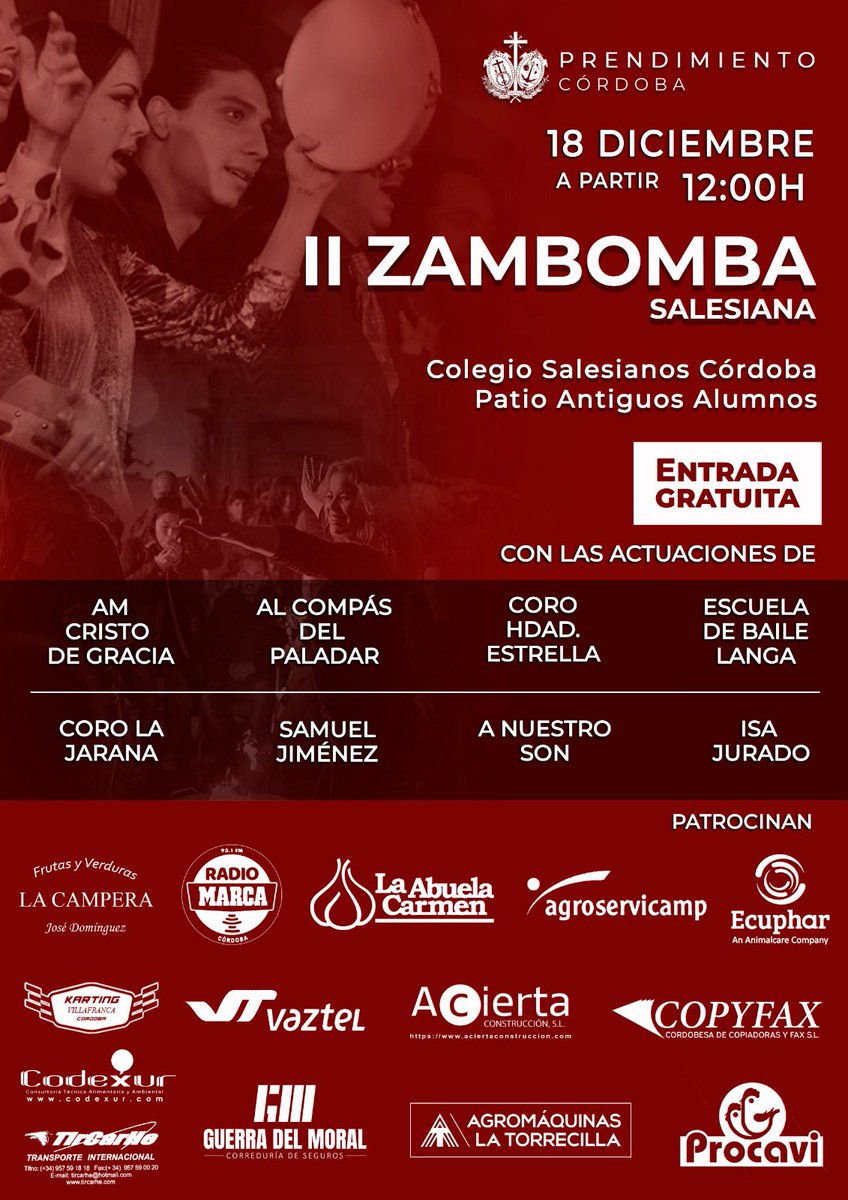 PrendimientoCor's tweet photo. 📢Celebra la llegada de la Navidad con la Hermandad del Prendimiento.

⌛️¡Sólo quedan 4 días para la segunda edición de nuestra #ZambombáSalesiana! 

👏🏼Gracias a todos los patrocinadores por hacerlo posible.

¡Os esperamos!

ℹ️ https://t.co/cyTnZtaGWO https://t.co/KEiBaeKJo2