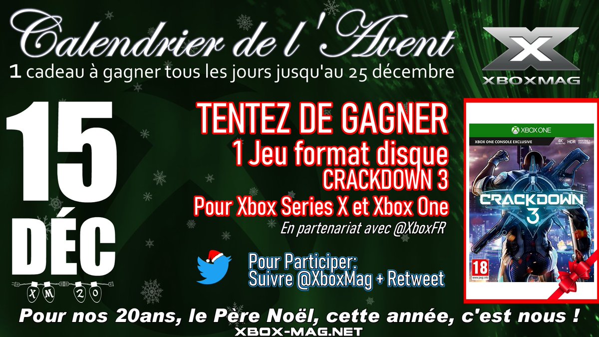 Consoles_Mag's tweet photo. Jour 15 de notre #CalendrierDeLavent 
Tentez de gagner 1 jeu, format disque, Crackdown 3 pour Xbox One et Xbox Series X
En partenariat avec @XboxFR

Pour participer:
✅Suivez @XboxMag
🔁Retweet

#xboxmag20 #xbox #Xbox20 #XboxSeriesX #XboxOne #Crackdown3 #concours #noel https://t.co/auGxvXFlWd