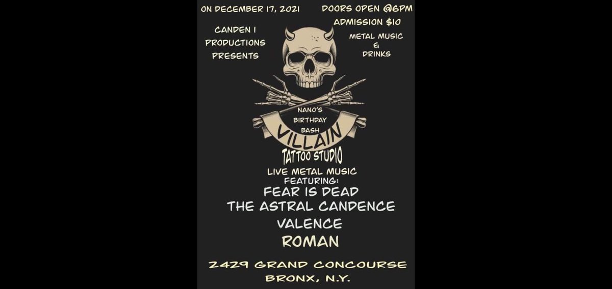 FearIsDead's tweet photo. Last Fear Is Dead show of the year!
Celebrating Nano's birthday at Villain Tattoo shop in the Bronx!  Performing w/ The Astral Cadence and Valence. 
See you Friday!
#FearIsDead #MetalForThought
#RestlessAndHeavy #Metal
#VillainTattoo #TheAstralCadance #Valence #Bronx #LiveMusic https://t.co/fJtctSpViF