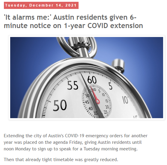 AndyHogue's tweet photo. "At 8:54 a.m. this morning, [Austin's new COVID-19] orders were apparently amended, giving Austin residents 6 MINUTES to analyze the document prior to the first meeting of the day -- that's 'zero time to respond or sign up to speak' according to @MK6ATX" 

https://t.co/ZYwoaTOb54 https://t.co/UuilfjRStI