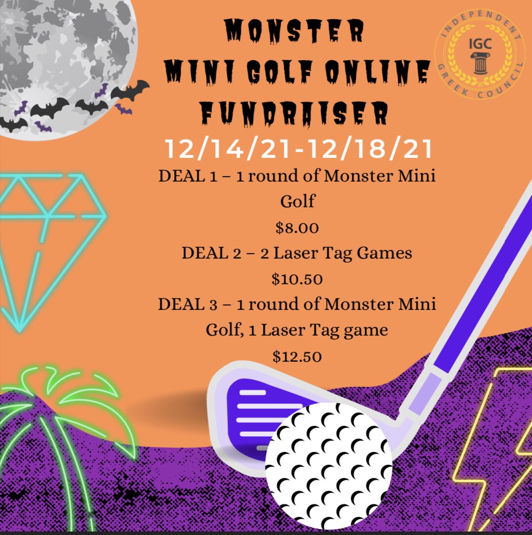 CHECK OUT THIS WEEK LONG FUNDRAISER ⛳️🌑

These exclusive Fundraiser Deals are guaranteed to keep you entertained for hours, with 25% of the sales going directly to the Independent Greek Council. FOLLOW THIS LINK monsterminigolf.com/towson/product…