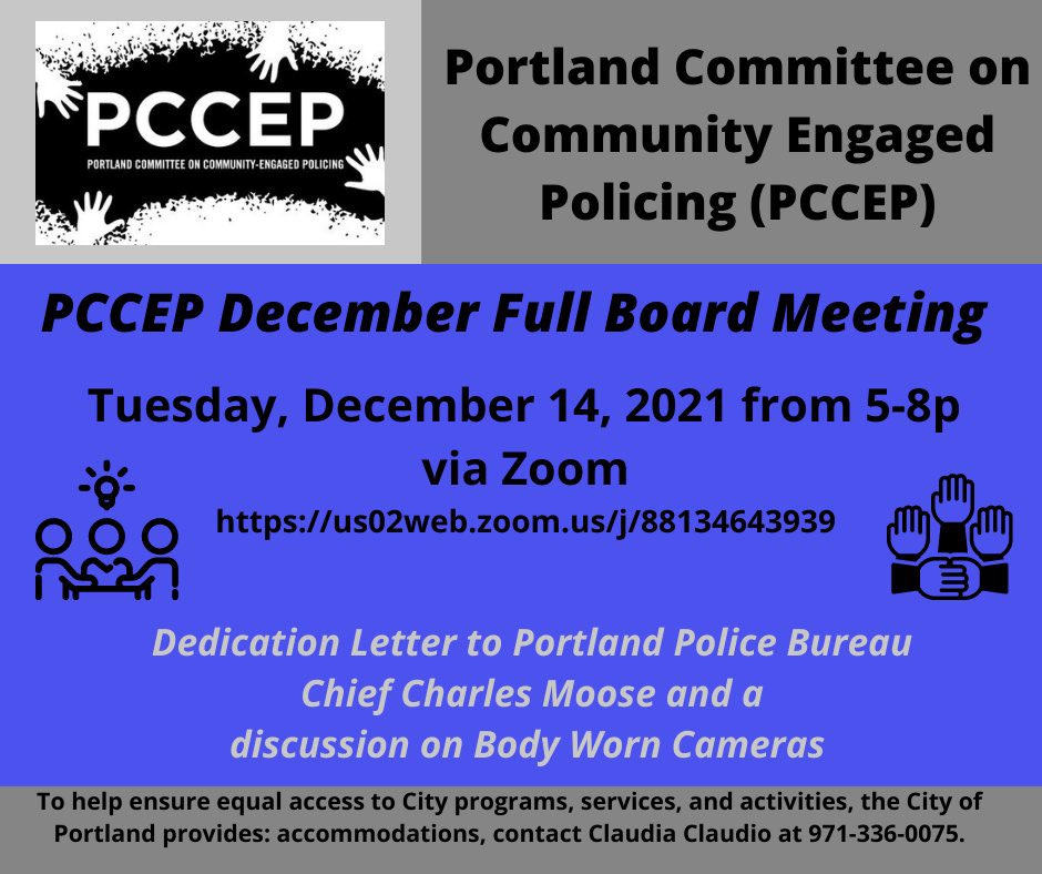PCCEPpdx's tweet photo. Today join PCCEP for a moment of dedication for PPB Chief Charles Moose and a discussion on body worn cameras. View more at:https://t.co/FCtlcemMRC…
#PCCEP #Portland #Community https://t.co/KY4snvn9Q3