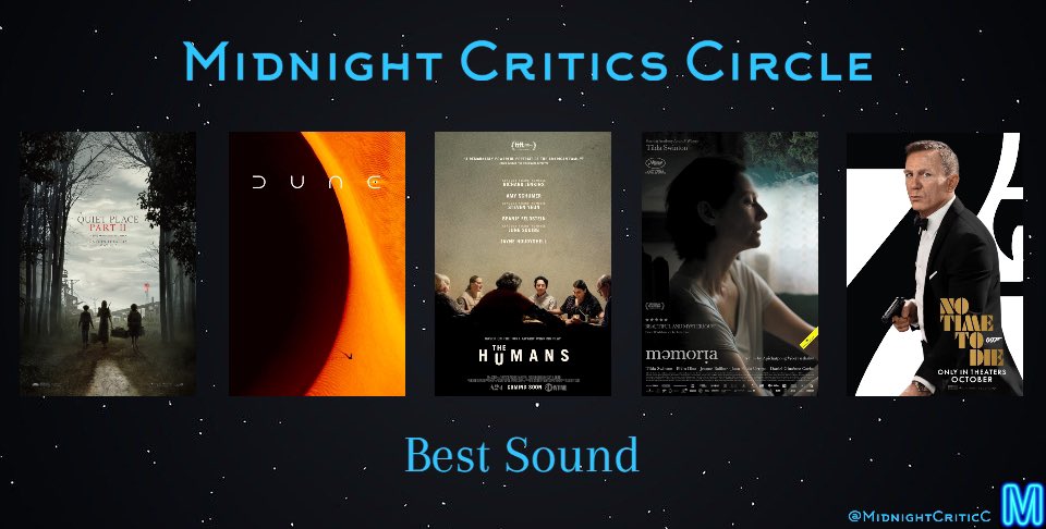 The Nominees for Best Sound!

@quietplacemovie 
@dunemovie 
@thehumansmovie 
#Memoria 
@007