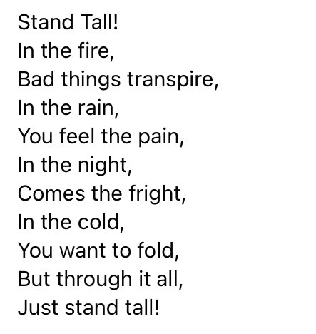 AuthorReddic's tweet photo. Stand Tall!
In the fire,
Bad things transpire,
In the rain,
You feel the pain,
In the night,
Comes the fright,
In the cold,
You want to fold,
But through it all,
Just stand tall!
#StandTall #ThroughItAll #ThroughTheFire #ThroughTheRain #InTheNight #InTheCold #MakeIt #NoMatterWhat https://t.co/EQyeJKHviN