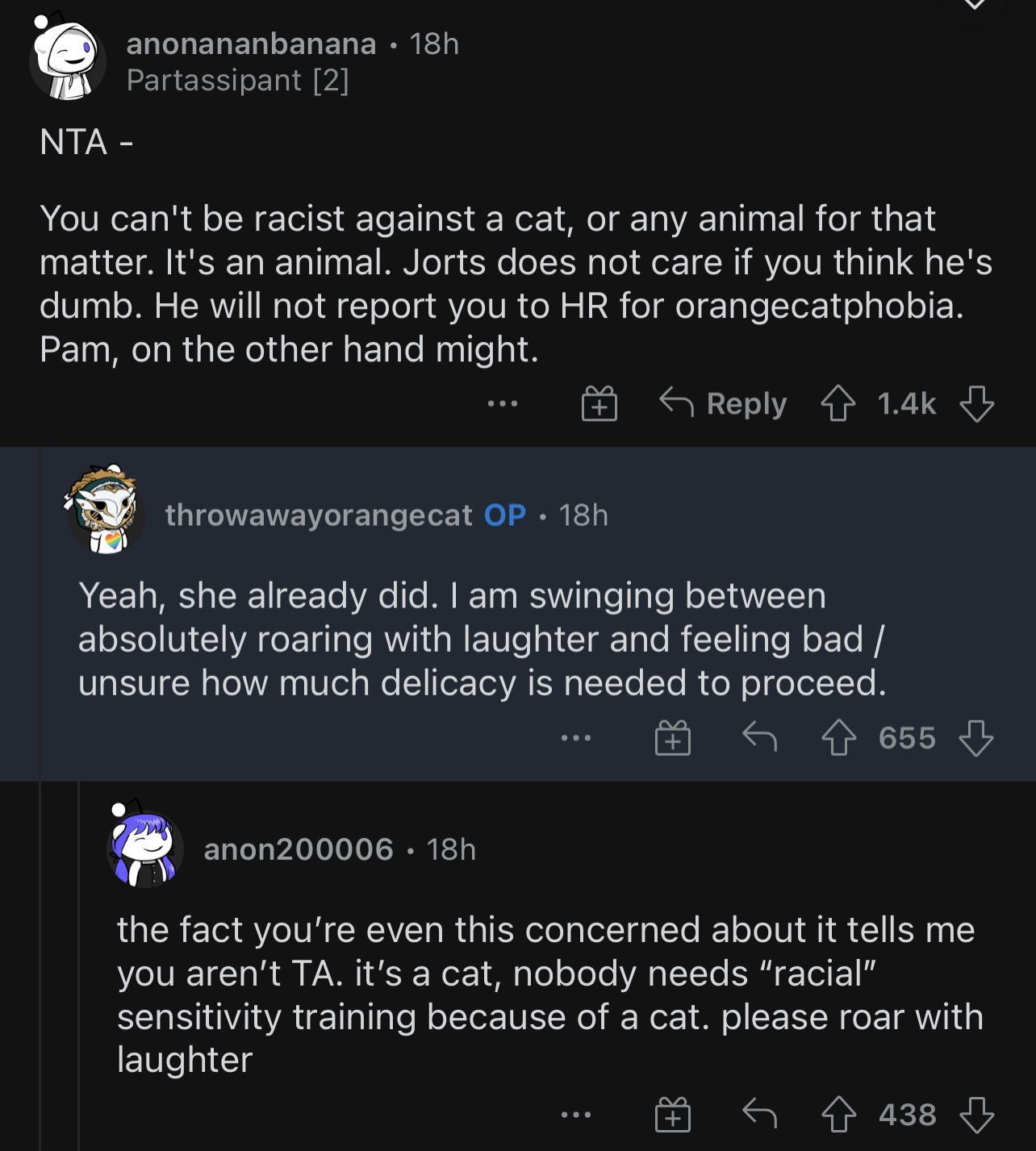 Comments from AITA reddit thread on two cats, Jean and Jorts, declaring OP is NTA