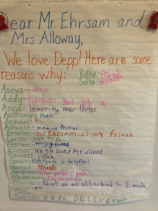SimmonsADE1's tweet photo. Today’s Kindness task was to write a note to Mr. Ehrsam highlighting all the things we love about Depp.  Students helped by each adding something. https://t.co/tJ1fbSVKxj