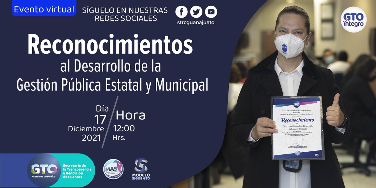 honestidadgente's tweet photo. No te pierdas la transmisión en vivo de la Entrega de Reconocimientos al Desarrollo de la Gestión Pública Estatal y Municipal. 💻
📅 Día 17 de diciembre 2021
⏰12:00 hrs.
#ProgramaMAS #ModeloSIGUE #GtoÍntegro https://t.co/LGVbQzDskj