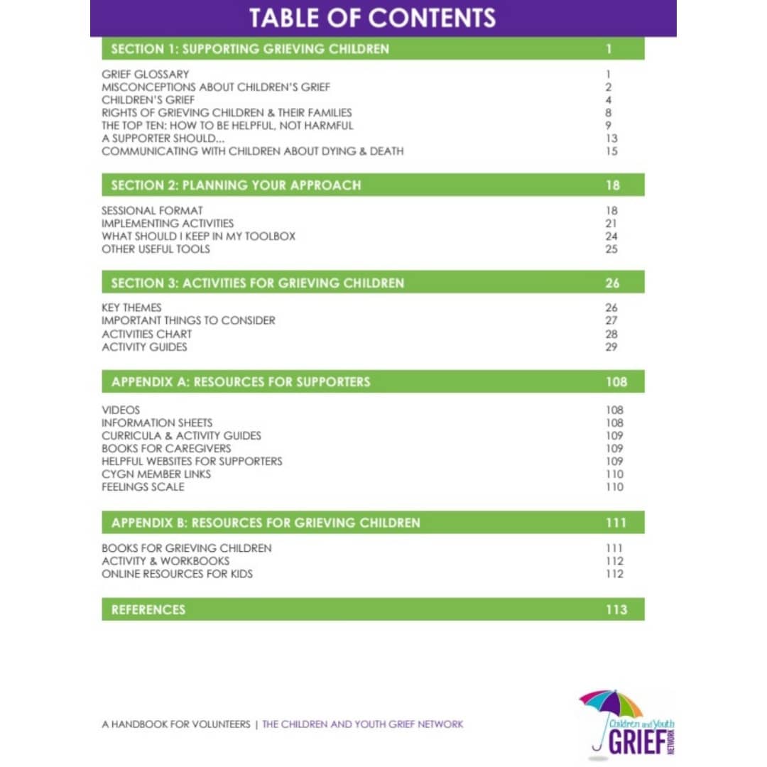 c_grief's tweet photo. Highlighting a complete activity summary &amp;  table of contents from our original handbook to support #grievingchildren. Available in English &amp; French, for free pdf/ hardcopy of our website under resources https://t.co/iT5vkVWNCk https://t.co/Rw30gtxF4H