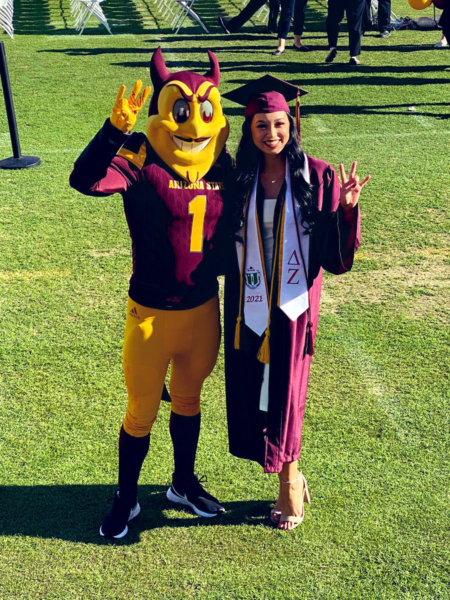 TonyaGuillamun's tweet photo. Itβs about to go down! Convocation for our ASU W.P. Carey School of Business grad. Our Sun Devil snagged a pic with Sparky. #ASUgrad #Sparky #WPCgraduation https://t.co/fG6RTQmM3i