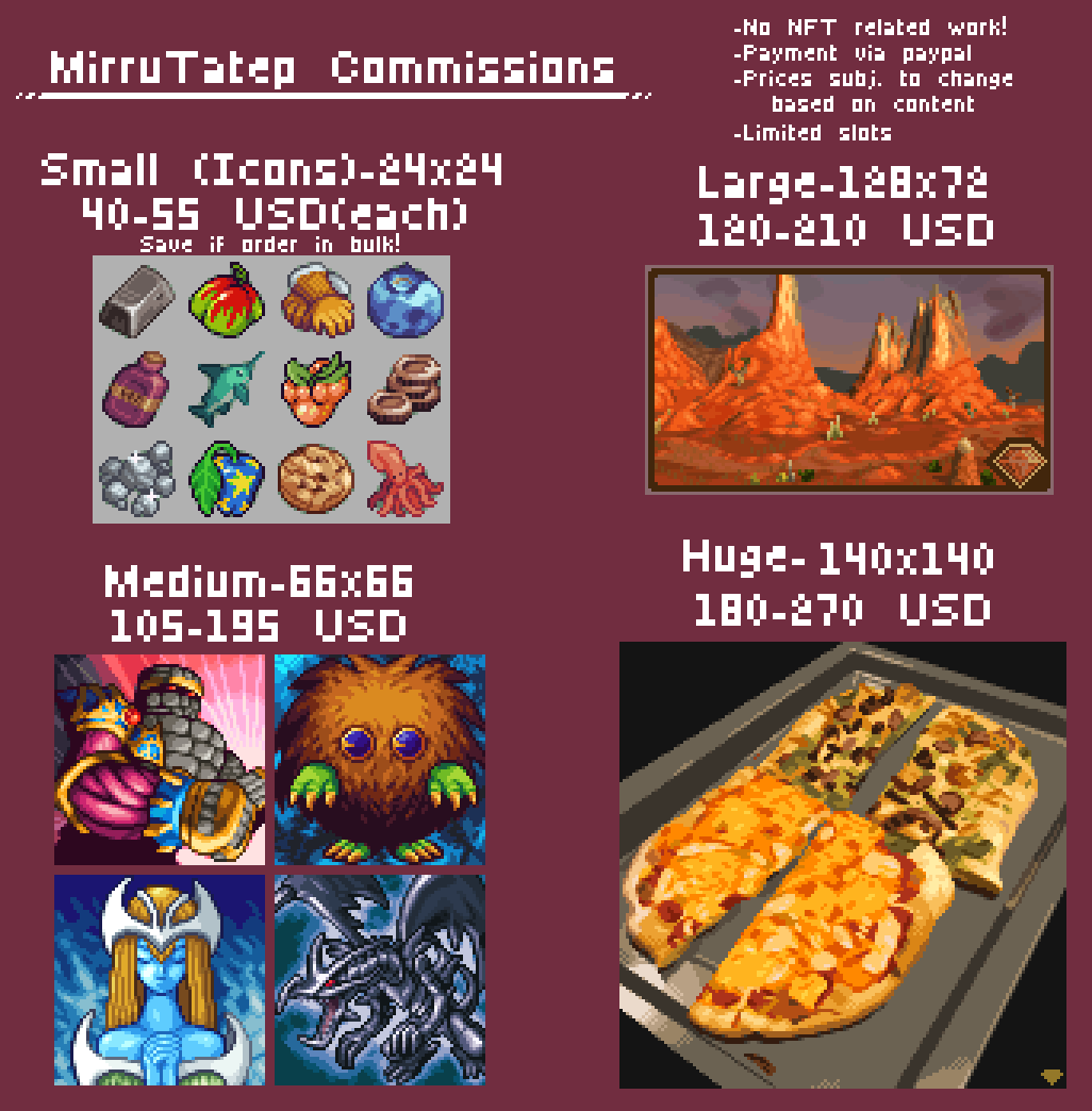 mirrutatep's tweet photo. Excited to share that, for the first time, I am publicly opening commissions! Please contact me via twitter DM

Retweets are much appreciated!

#pixelart https://t.co/YmsHPgmEan