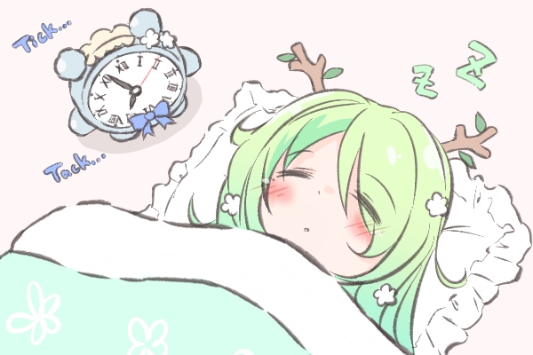 ceres fauna clock alarm clock green hair 1girl sleeping antlers zzz  illustration images