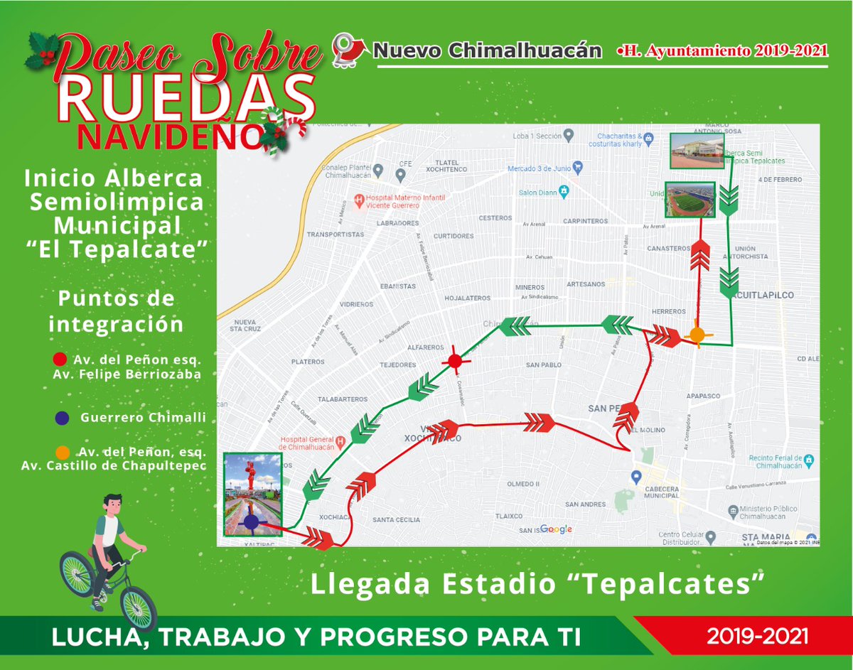 Te invitamos a ser parte del Paseo Sobre Ruedas Navideño, no olviden la salida será partiendo desde la Unidad Deportiva "El Tepalcate" a las 8:45 a.m. Se les proporciona la ruta y los puntos donde puedan integrarse.

¡Te esperamos, no faltes!