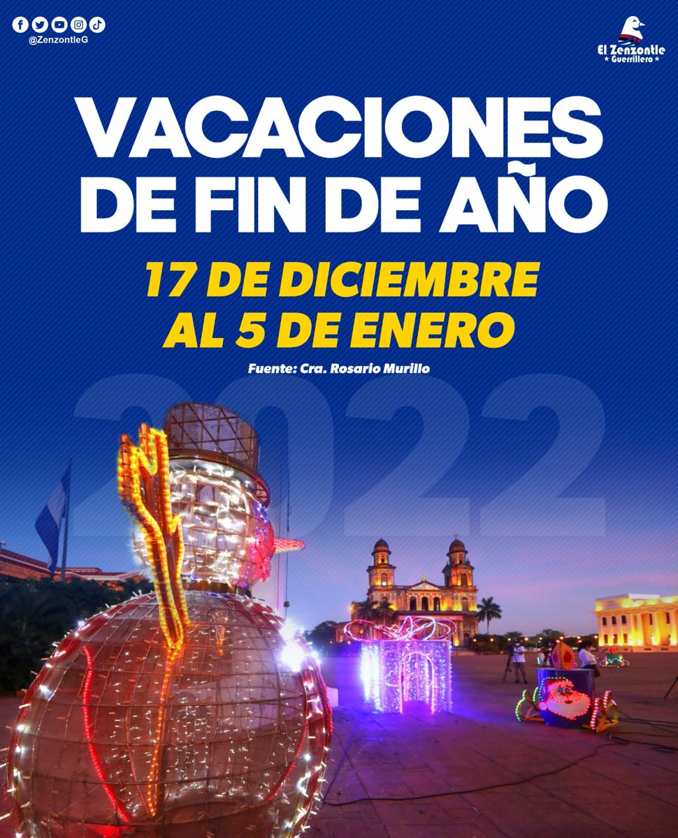 Vacaciones para los trabajadores del Estado inician este viernes 17 de diciembre, luego de la jornada de labores, regresando el 5 de enero 👫
#DiciembreEnPazYVictorias 
#DiciembreEsReconciliacion 
#Nicaragua 
#BE
@ArauzFederico @TPU19J @HeroesRAlVapor