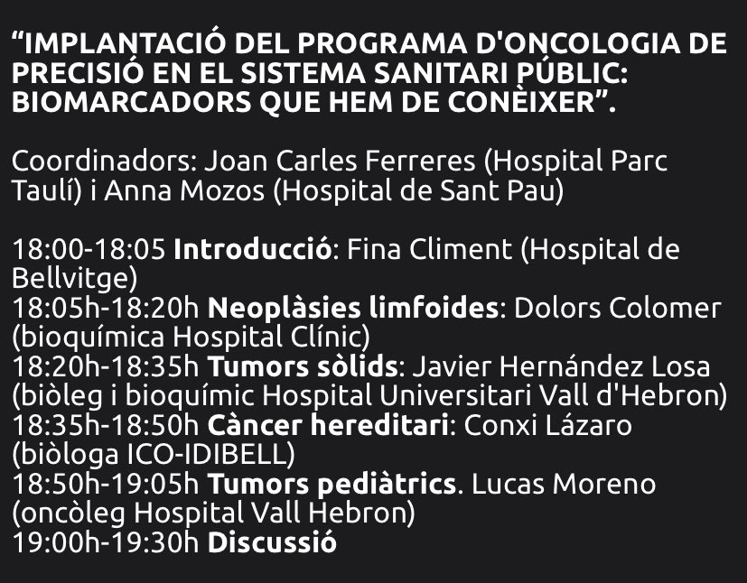 SCAPSoMe's tweet image. La propera sessió serà aquest dijous dia 16 de desembre a les 18:00h. Tindrem informació de primera mà dels 4 grups de treball de la instrucció. Oncologia de precisió @salutcat #scap2022